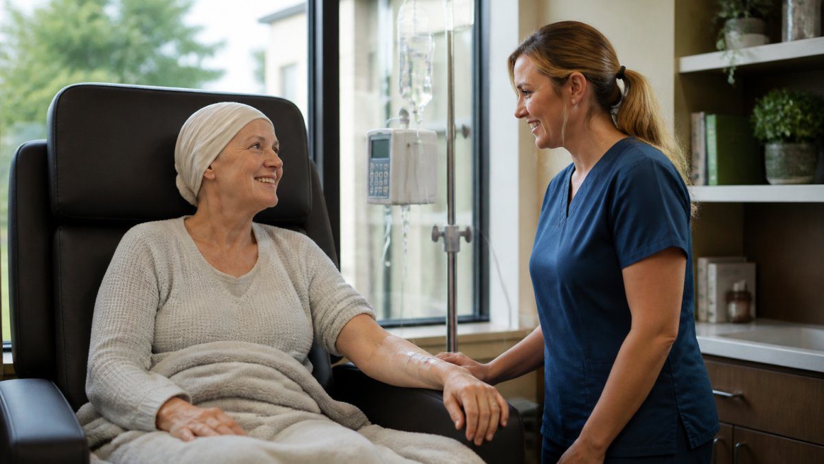 Healthcare provider monitoring a patient receiving IV therapy during integrative cancer recovery care in a clinic.