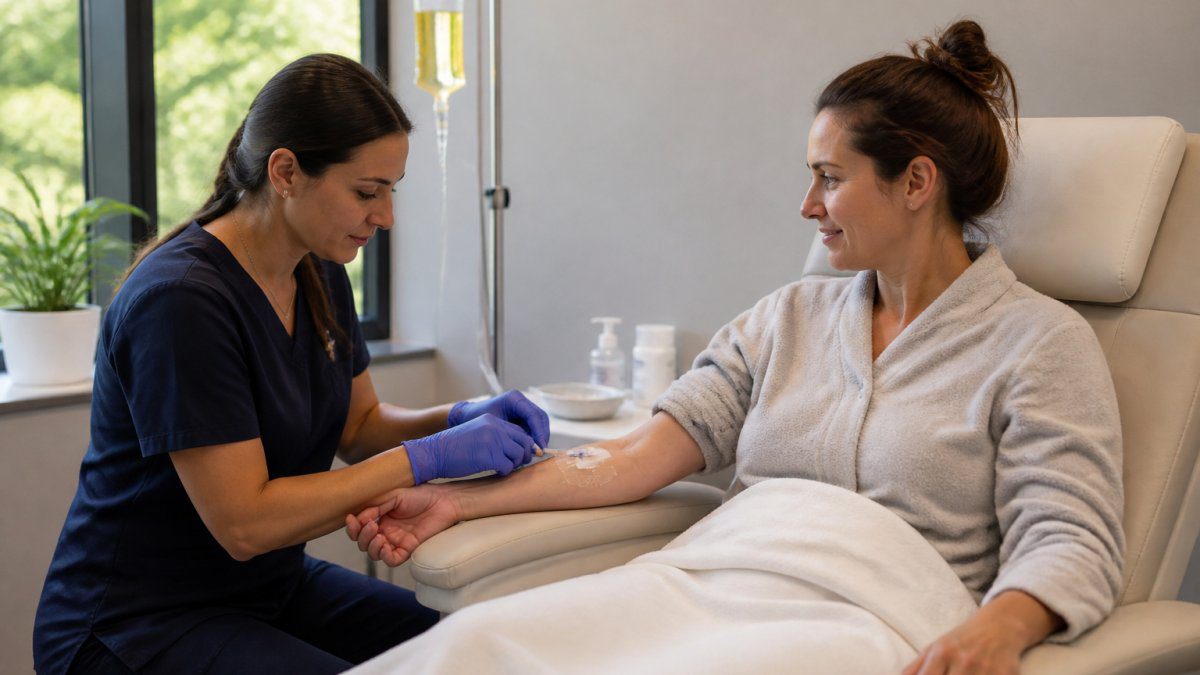 Healthcare provider inserting IV line into patient's arm during vitamin C infusion in modern clinical setting with soft natural lighting