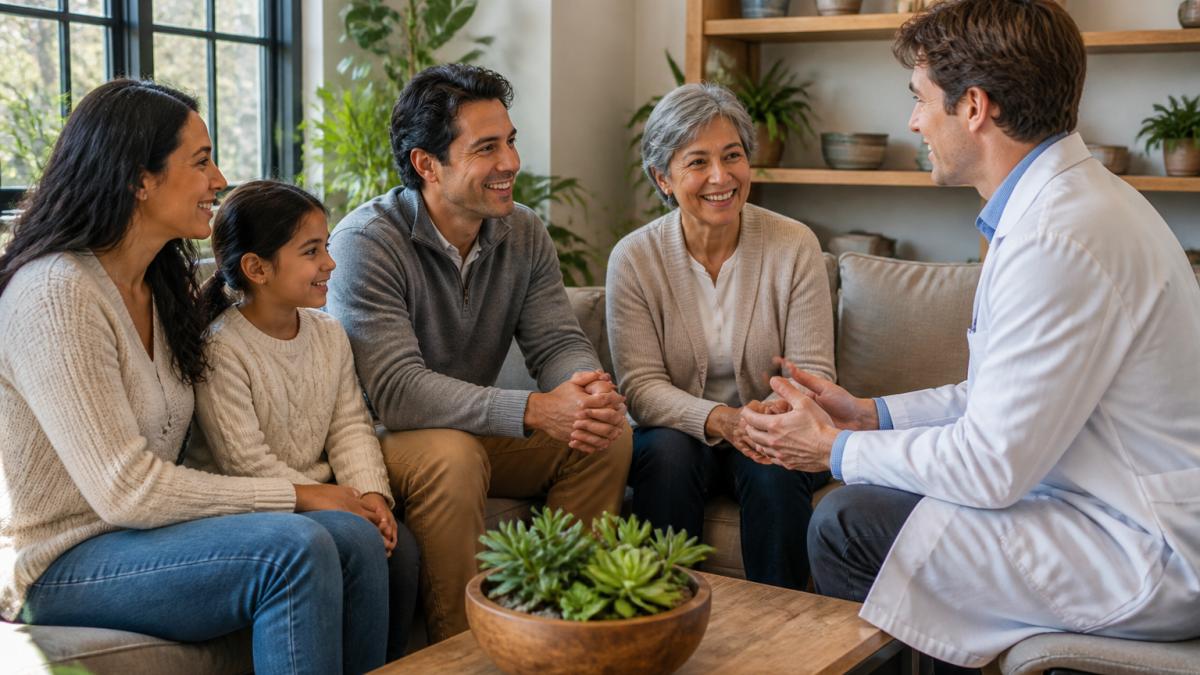 Naturopathic doctor consulting with a diverse family of different ages in a warm, welcoming clinic with natural light, plants, and comfortable seating