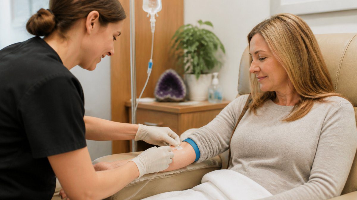 Healthcare provider administering a high-dose IV vitamin C cancer infusion in a calm, comfortable clinical suite.