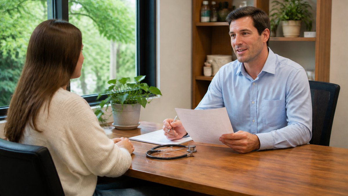 Naturopathic doctor and patient sitting across from each other at a desk in a calm clinical office with natural light, reviewing health documents and discussing health concerns