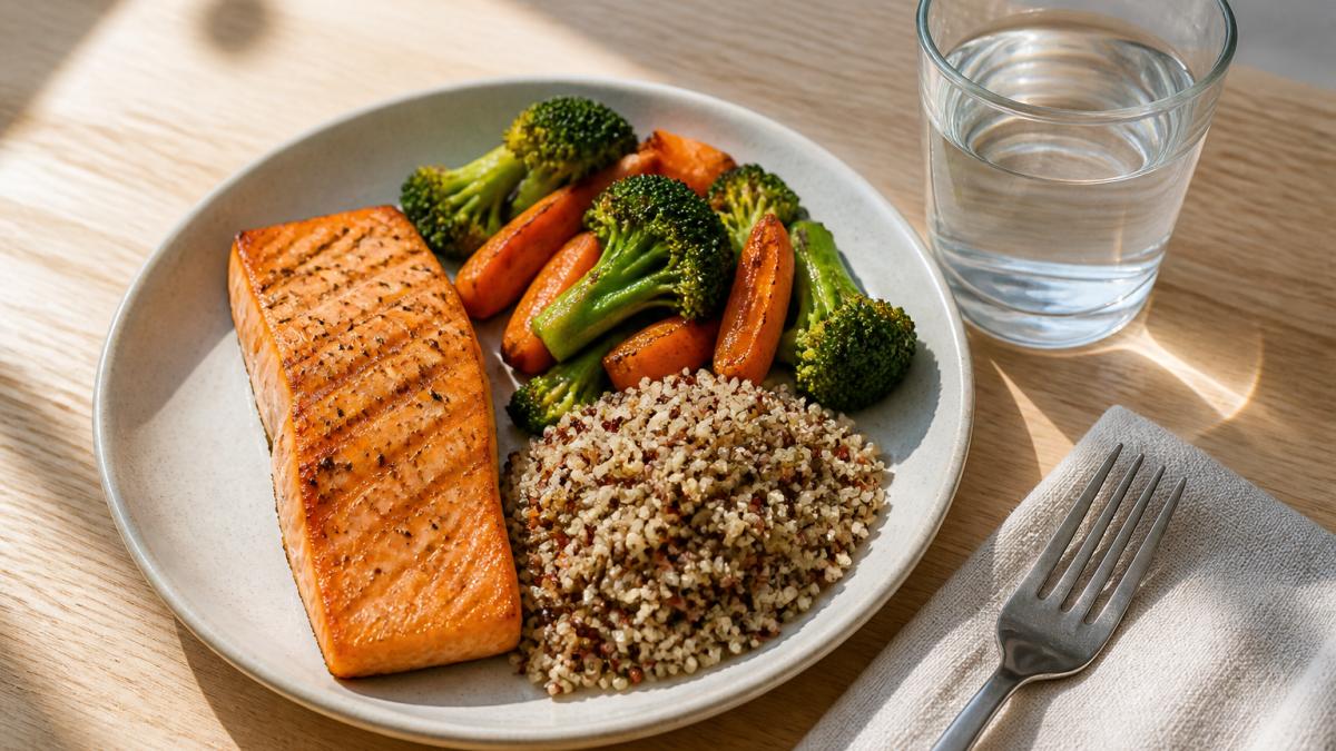 Colorful plate featuring grilled salmon fillet, roasted broccoli and carrots, quinoa, and a glass of water on a light wooden table in natural sunlight